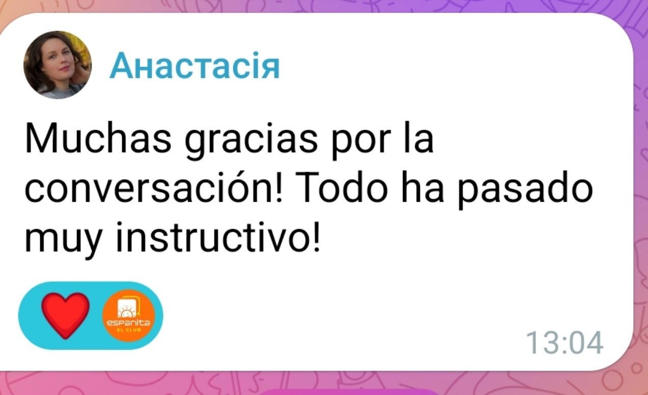 Відгук Анастасії: Muchas gracias por la conversación! Todo ha pasado muy instructivo!